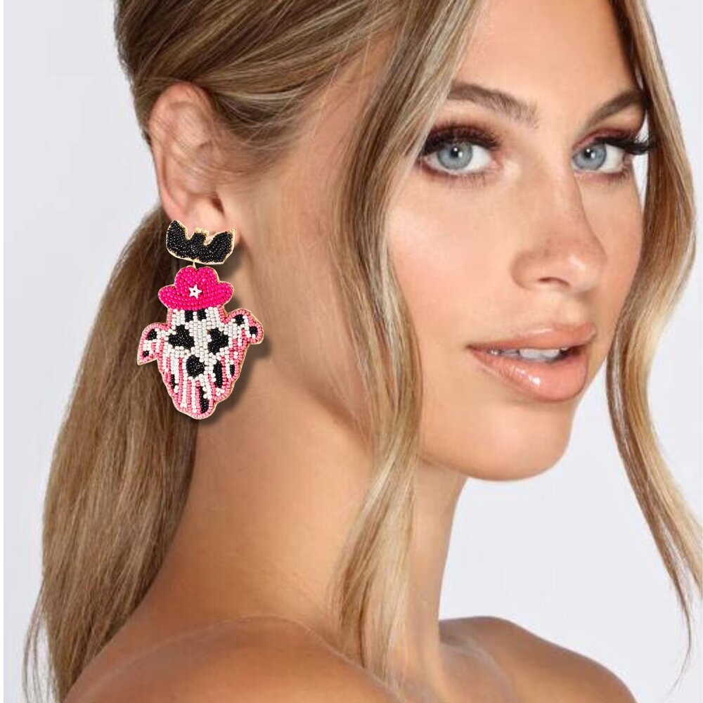 Cowgirl Cow Print Pink Western Ghost Bat Halloween Theme Beaded Earrings